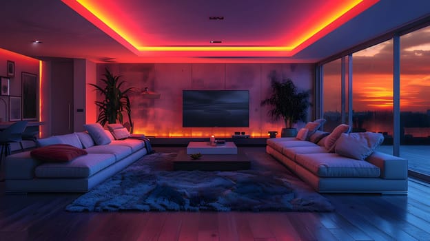 A living room in a building with a purple couch, television, and magenta lights on the ceiling. Perfect for a real estate event or a cozy gas fireplace decoration