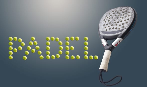 Padel tennis racket. Background with copy space. Sport court and balls. High quality photo