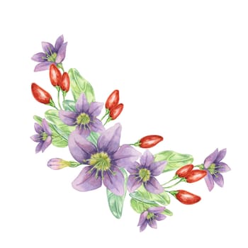 Red goji berries, purple flowers and leaves composition. Floral hand-drawn watercolor arrangement. Design template for DIY greeting card, scrapbooking, quote, frame, gift tag, banner, sublimation