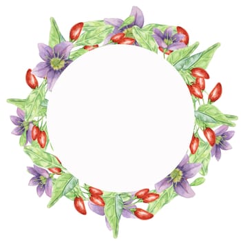 Red goji berries, lilac flowers and green leaves round frame design. Hand-drawn watercolor illustration, isolated for DIY printing, greeting card making, quote, gift tag, label, circle template