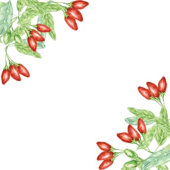 Red goji berries and green leaves corner frame design. Hand-drawn watercolor illustration for DIY printing, greeting card making, quote, gift tag, label, invitation, postcard, square flyer template