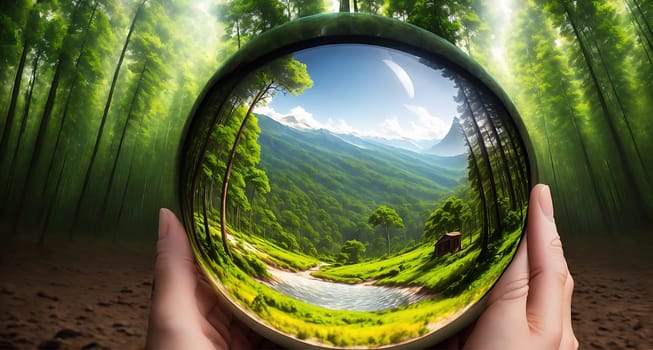 The image shows a persons hand holding a mirror that reflects a beautiful landscape with trees, mountains, and a river in the background.