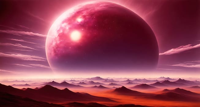 The image depicts a barren, rocky landscape with a large, glowing planet in the background.