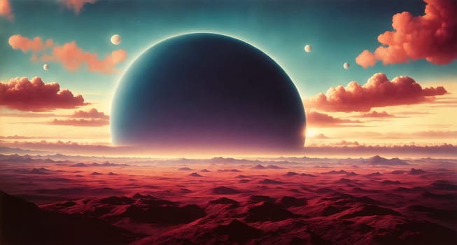 The image depicts a barren, rocky landscape with a large, glowing planet in the background.