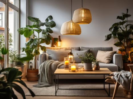 Urban jungle in living room interior. Scandinavian and boho style cozy living room interior with many natural potted plants. Writing desk and chair in room with green plants