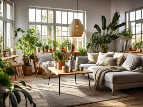 Urban jungle in living room interior. Scandinavian and boho style cozy living room interior with many natural potted plants. Writing desk and chair in room with green plants