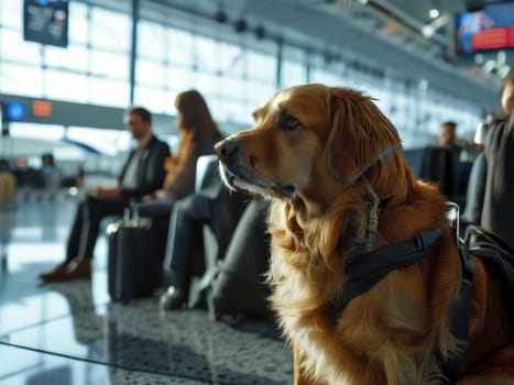 Dog sitting near suitcase in airport terminal interior. Travel and security in public places concept