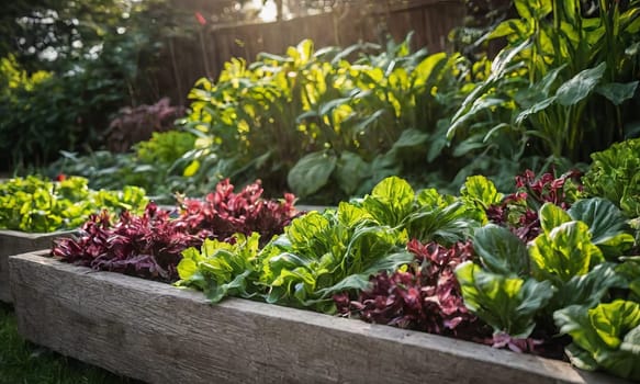 Growing vegetables on raised wooden bed in backyard garden, vegetable growing concept. Small urban backyard garden contains raised planting beds for growing salad greens and herbs throughout summer