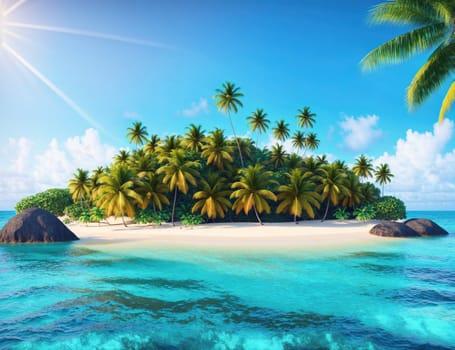 The image shows a tropical island with palm trees and a rocky beach in the foreground, surrounded by clear blue water and a bright sun in the background.