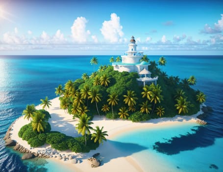 The image shows a small island with a lighthouse on top, surrounded by palm trees and blue water.