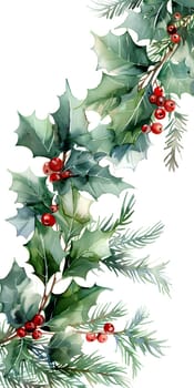 A watercolor painting featuring a Christmas wreath adorned with holly, berries, and pine branches, capturing the beauty of this festive floral arrangement