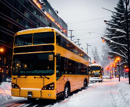 The image shows a snowy street with a yellow bus parked on the side of the road.