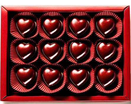 The image depicts a box filled with chocolate hearts.