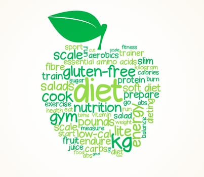 Text, healthy and nutrition with apple for diet or graphic illustration on white background, vegan or gluten free. Weight loss, words and vegetable vitamins with mockup space, organic or exercise.