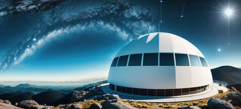 The image depicts a futuristic observatory on top of a mountain, surrounded by clouds and stars in the sky.