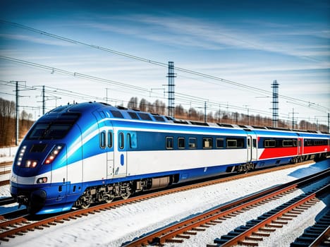 The image shows a blue and white train traveling down the tracks in the snowy countryside.