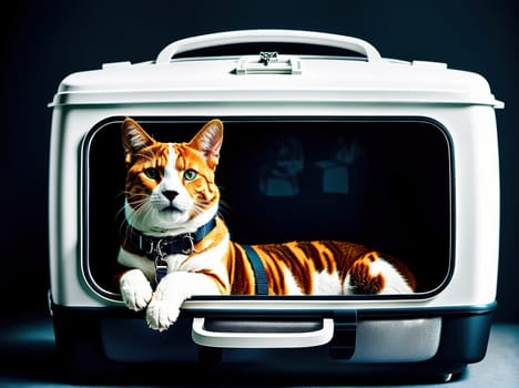 The image shows a cat sitting on top of a suitcase with its paws hanging over the edge.