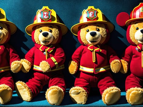 The image shows three stuffed animals wearing firefighter costumes, one with a hat, one with a helmet, and one with a coat.