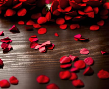 The image shows a pile of red rose petals on a wooden surface.