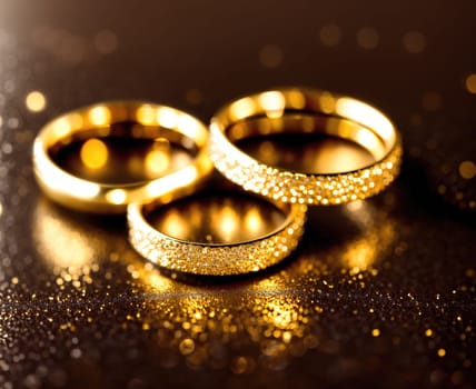 The image shows three gold wedding rings on a shiny background.