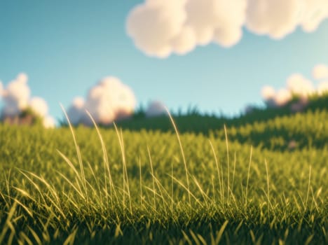 The image shows a green field with clouds in the background.