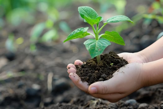 A close-up image of a young green plant cradled in the nurturing hands of a person, symbolizing growth, care, and sustainable development.