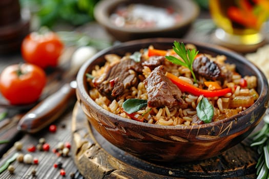 Wooden bowl of delicious pilaf with meat, vegetables, and herbs, presented on a rustic wooden table with fresh ingredients around.