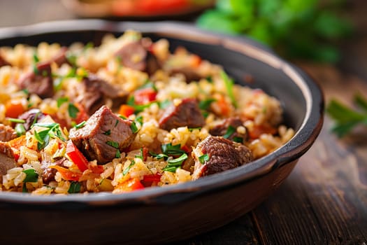 Delicious homemade pilaf with juicy meat pieces and fresh parsley in a rustic clay pot, cooked in raw style.