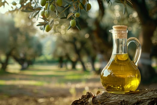 A glass jug filled with golden olive oil sits on a weathered wood surface set against a backdrop of vibrant olive trees in a sun-drenched grove.