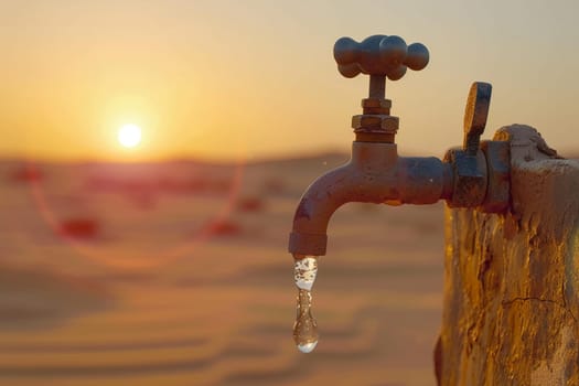 A close-up of a rusty faucet with a single water droplet against a desert backdrop as the sun sets, depicting scarcity and the need for water conservation.