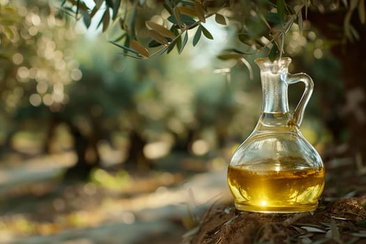 A transparent glass jug full of golden olive oil, set against the blurred backdrop of a sun-drenched olive grove.