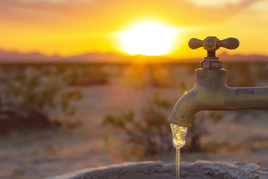 Close-up of a dry faucet with a single water drop against a desert backdrop, symbolizing water scarcity and environmental issues during sunset.