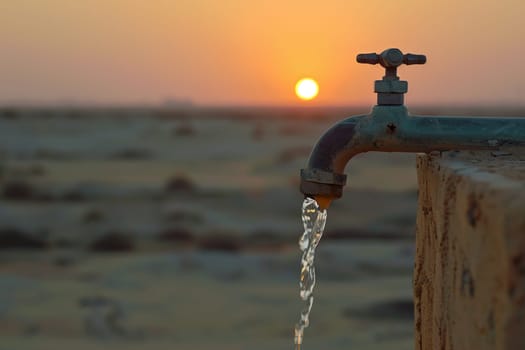 Close-up of a water faucet with flowing water, set against a desert backdrop during a beautiful sunset.