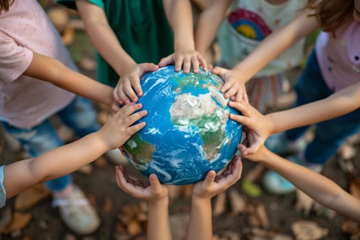 A group of children stand around a globe, placing their hands on it in a gesture of unity and environmental consciousness, outdoors on a sunny day.