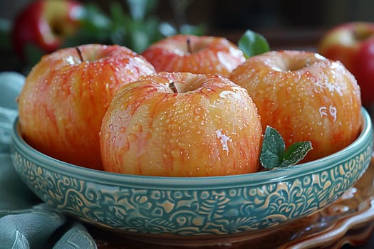 Fresh caramelized apples with water droplets, presented in a turquoise ceramic bowl with intricate patterns, suggest a homemade gourmet dessert.