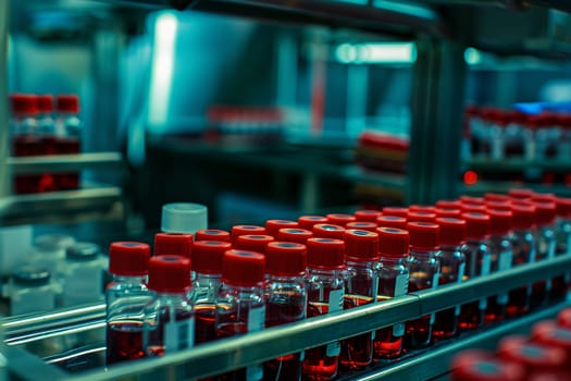 A detailed view of blood samples neatly arranged in a modern laboratory, showcasing medical testing and research.