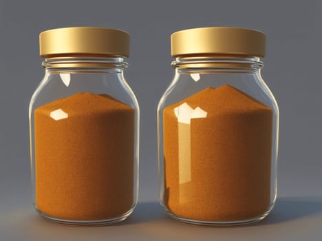 The image is a pair of glass jars filled with a brown liquid, one jar is half full and the other is empty.