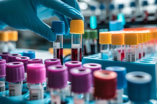 A healthcare professional analyzes a blood sample among variously colored vials in a clinical lab, depicting medical testing and research.