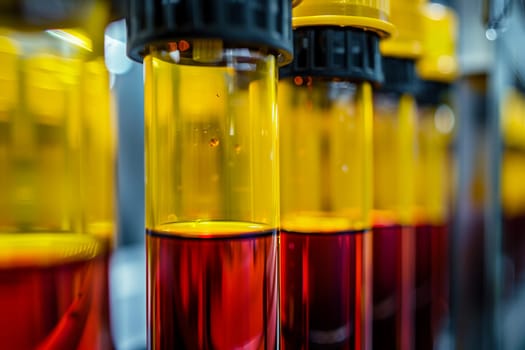 Close-up view of multiple blood samples contained in test tubes, providing an insight into medical laboratory work.