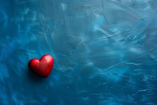 A solitary red heart figure stands out against a textured blue background, symbolizing love, health, and emotion.