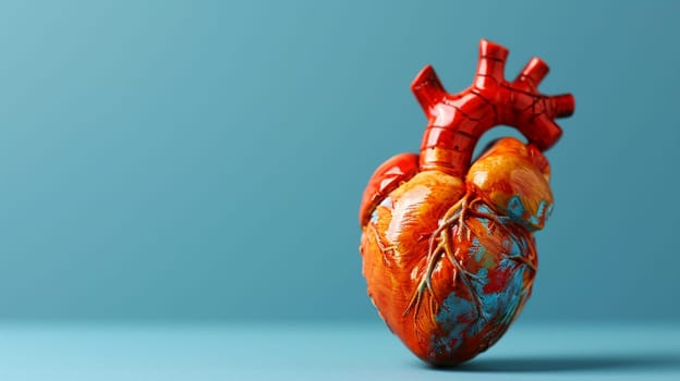 An anatomically accurate model of a human heart presented against a serene blue background, illustrating medical and health concepts.