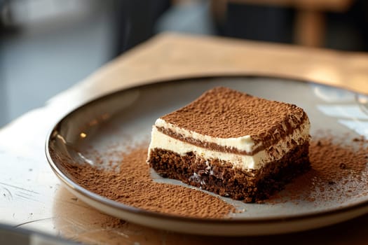 Close-up of a delectable slice of tiramisu, dusted with cocoa powder, served on a white plate, capturing the textures and layers.