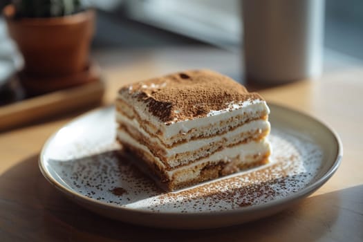 A tempting slice of classic tiramisu dessert, dusted with cocoa on a light ceramic plate, captured in natural light.