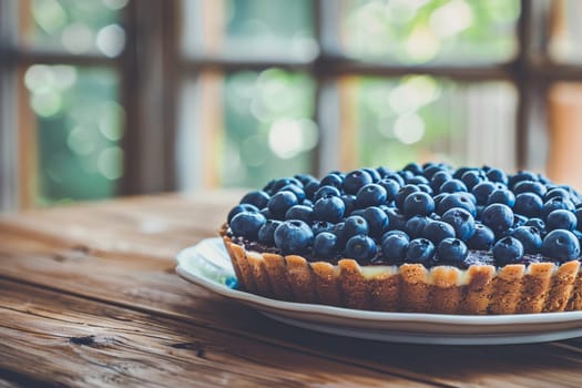 Homemade blueberry tart on a plate, placed on a wooden table against a window background, conveying a cozy, domestic atmosphere.