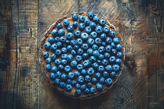 Top view of a delicious blueberry tart on a wooden background, highlighting the vibrant fresh fruit and homemade dessert concept.