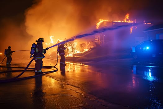 Dramatic image of firefighters extinguishing a blazing house fire under a night sky, showcasing bravery and emergency response.