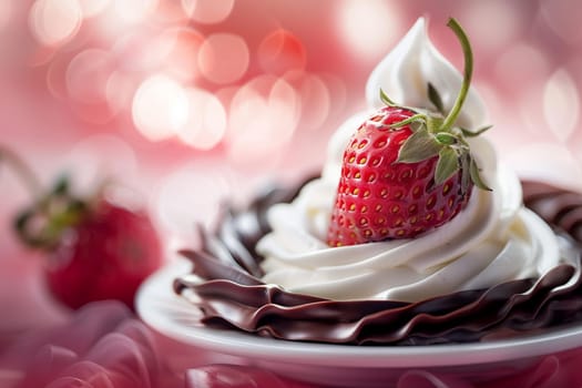 Close-up of a gourmet strawberry dessert beautifully presented on a white plate with a whimsical bokeh background. Ideal for culinary and gastronomy themes.