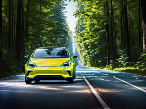The image shows a yellow electric car driving down a winding road through a forest with tall trees on either side.