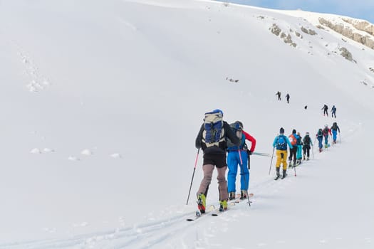 A group of professional ski mountaineers ascend a dangerous snowy peak using state-of-the-art equipment.