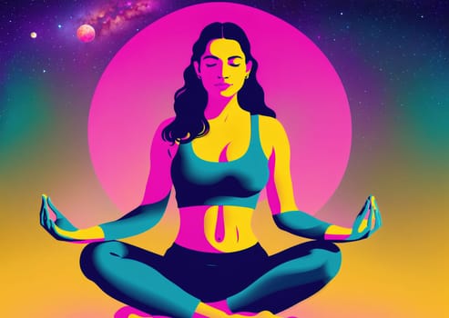 The image depicts a woman in yoga pose, with her hands in the lotus position and her eyes closed in meditation.